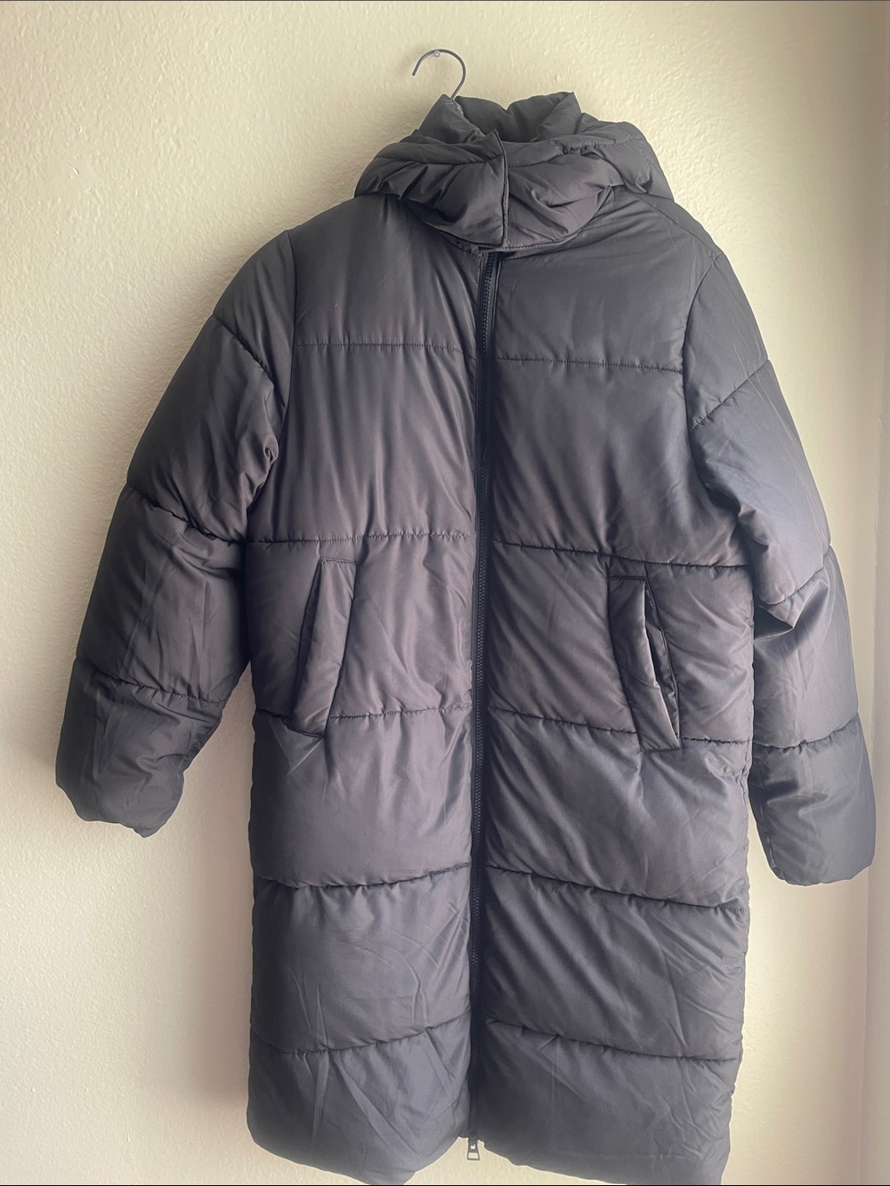 Divided Black Long Puffer Coat with Hood